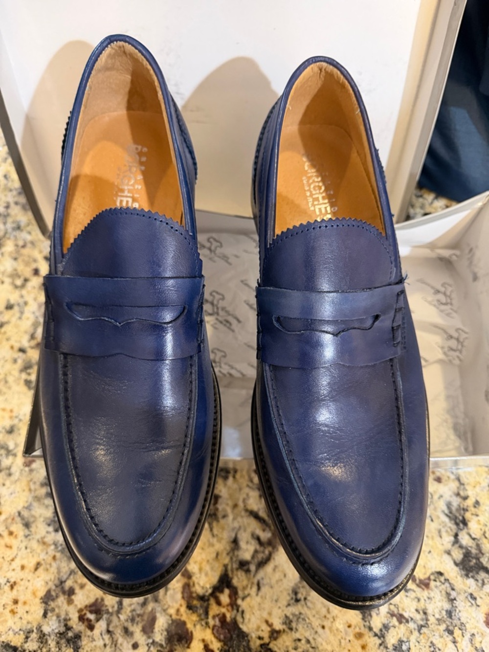 Italian Men's Navy Leather Penny Loafers by Borghese Uomo